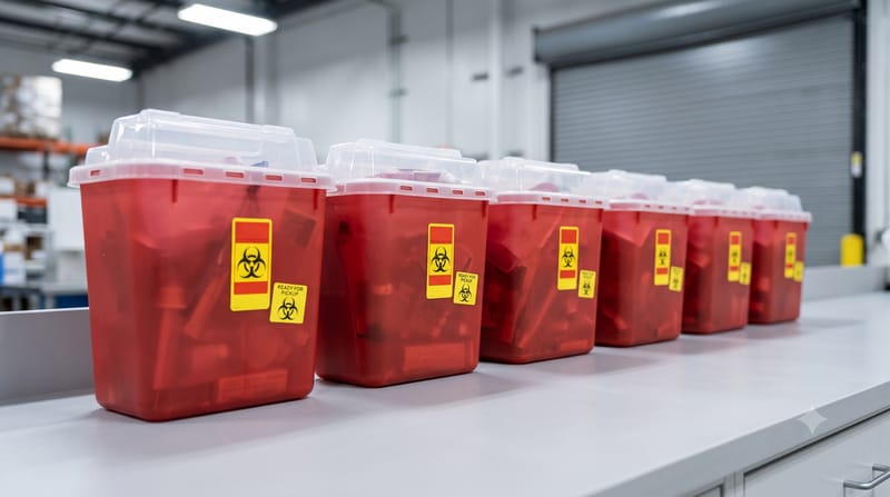 How should I store sharps before pickup?